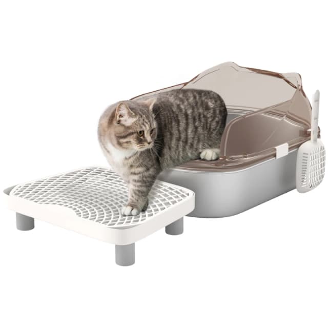 PawHut Stainless Steel Litter Box, Cat Litter Tray w/ Lid, Pedal, Scoop, Grey D31-129V01CG