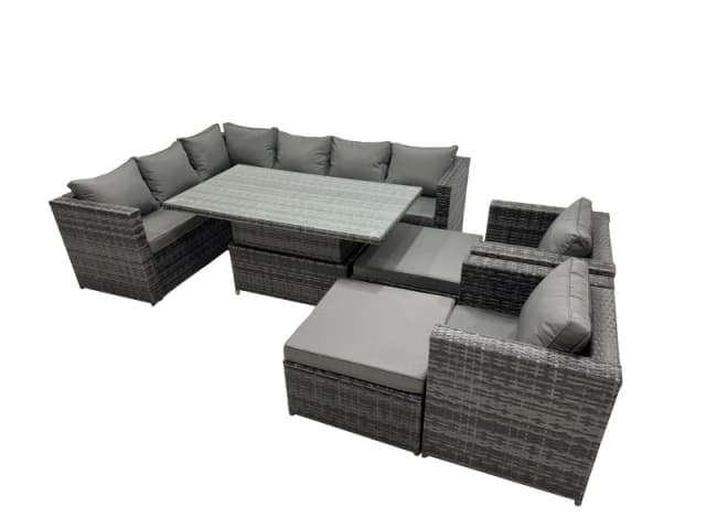 Fimous 10-seater Rattan Garden Furniture Dining Set with 2 Big Stools in Dark Grey Dark Grey Unisex