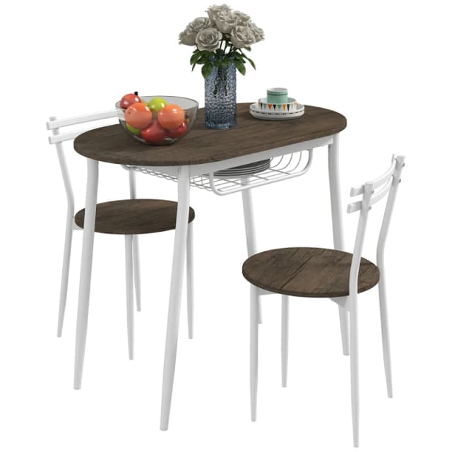 HOMCOM 3 Piece Dining Table and Chairs Set, Oval Kitchen Table with 2 Chairs, with Wire Storage Shelf and Steel Frame, Natural Aosom UK