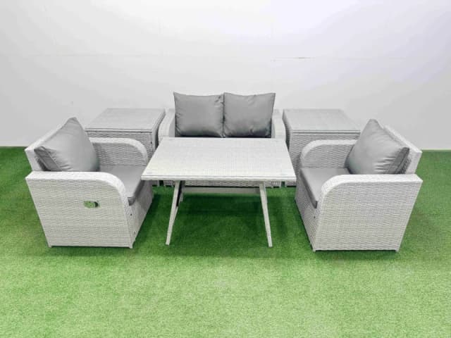 Fimous Light Grey PE Wicker Rattan Garden Furniture Set Reclining Chair Sofa Light Grey Unisex