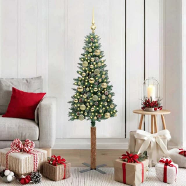 vidaXL Slim Christmas Tree with 150 LEDs, Gold Balls Green and White 150 cm, Green 3394890