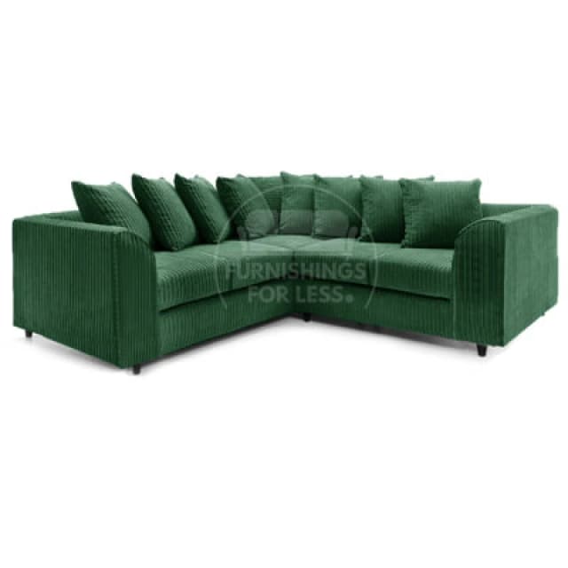 Furnishings For Less UK Ferguson Green 5 Seater Fabric Corner Sofa L Shaped Jumbo Cord - Scatter Back
