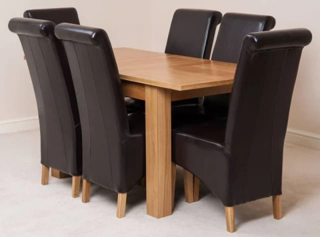 Thats Furniture Hampton 120-160cm Oak Extending Dining Table & 6 Montana Leather Chairs in Brown Brown Unisex