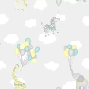 Kids Childrens Animal Balloons Playroom Wallpaper - Grey 91041 - Holden Decor