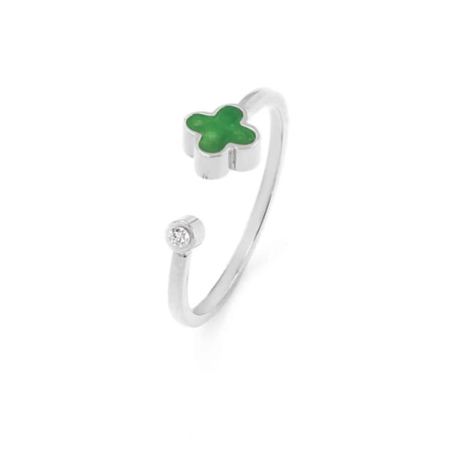 Say It With Green Crystal Clover Ring - Silver Size: Adjustable Silver Unisex Adjustable