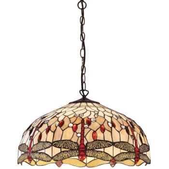 Interiors 1900 Lighting - Interiors Dragonfly Beige - 3 Light Large Ceiling Pendant Bronze, Beige, Dragonfly Tiffany Glass, E27