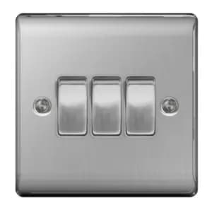 BG Brushed Steel 3 Gang 2 Way Light Switch - NBS43 - 216649