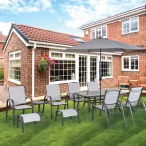 Bali 11 Piece Textiline Garden Furniture Table & Chairs Set Parasol Footstool - Silver & Stone TJ Hughes