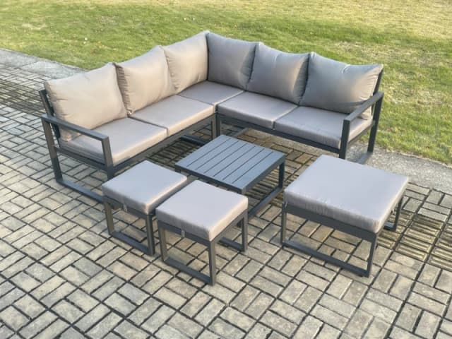Fimous Outdoor Garden Furniture Set Aluminium Lounge Sofa Square Coffee Table Sets with 3 Footstools Indoor Conservatory Set in Dark Grey Dark Grey Un