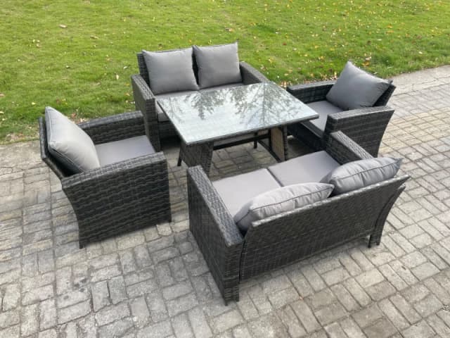 Fimous Rattan Garden Furniture Set 6 Seater Patio Outdoor Lounge Sofa Set with Rectangular Dining Table Love Seat Sofa in Dark Grey Dark Grey Unisex