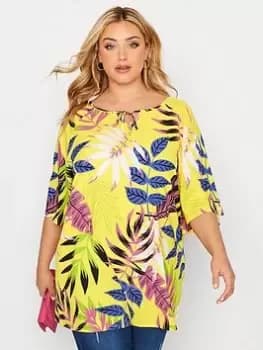 Yours Tropical Tie Front Tshirt - Yellow, Yellow, Size 18, Women
