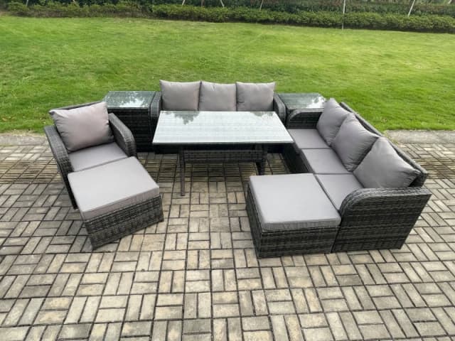 Fimous Outdoor Rattan Garden Furniture Set Oblong Dining Table & Chairs Set with 3 Seater Sofa 2 Big Footstool 2 Side Tables Dark Grey Mixed Dark Grey