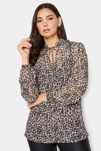 Long Tall Sally Tall Tie Neck Animal Print Top Brown