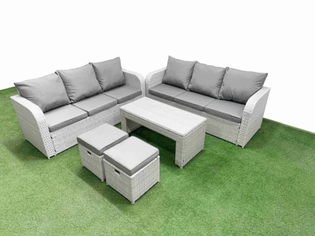 Fimous Outdoor Garden Furniture Sets 8 Seater Wicker Rattan Furniture Sofa Sets with Oblong Coffee Table high Back Lounge Sofa Stools Light Grey Light