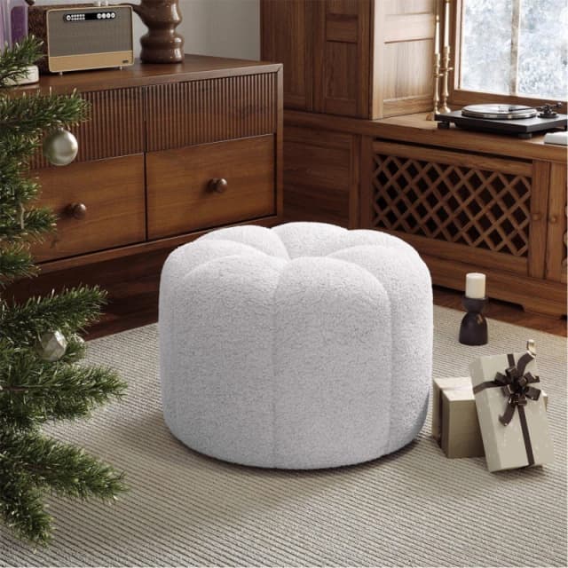 Kabinet UK White Round Shape Teddy Fabric Footstool White unisex Medium