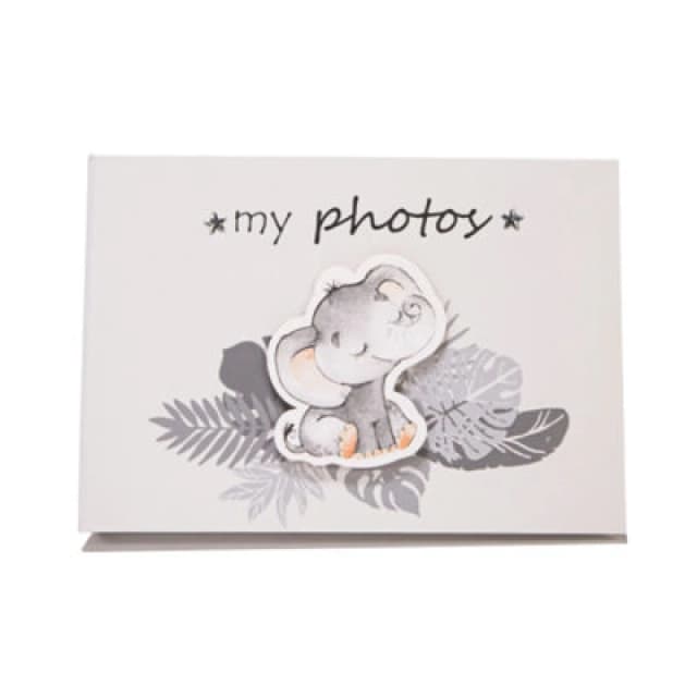 Happy Homewares Cute Baby Elephant Grey Photo Album With Silver Stars And Palm Leaves