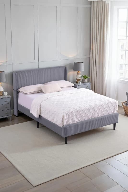 SlumberWorx Dereham Light Grey Cord Fabric Winged Bed Frame