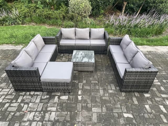 Fimous Outdoor Rattan Garden Furniture Set 10 Seater Patio Lounge Sofa Set with Square Coffee Table Big Footstool Dark Grey