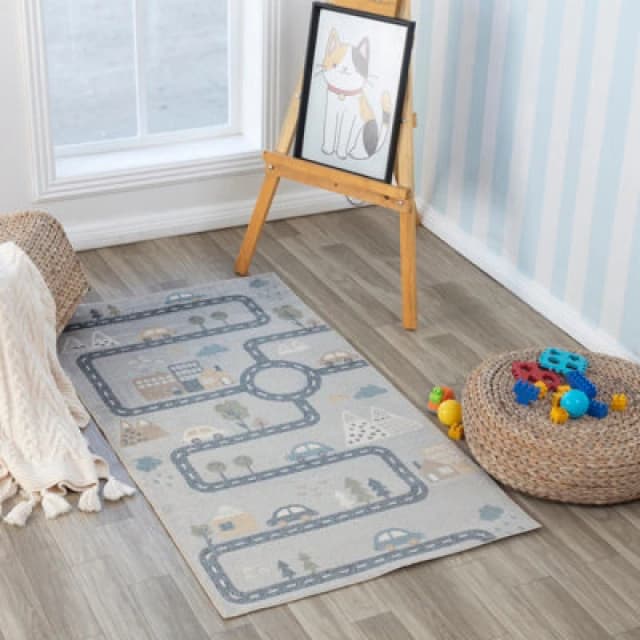 Livabliss Kids Machine Washable Blue/grey Bedroom Vroomville Area Rug 80 X 150 Cm - Easy Care, Soft & Safe Rug For Kids Spaces