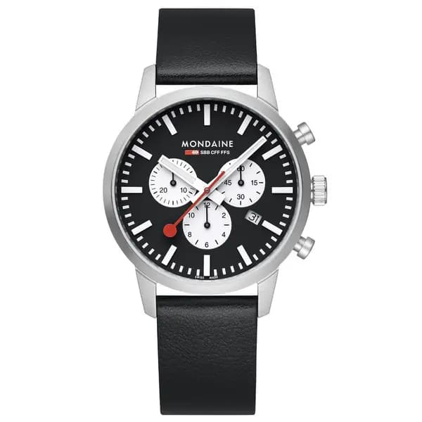 Mondaine Neo SBB Chrono Black Dial Grape Leather Strap Watch MSD.41420.LBV MSD.41420.LBV