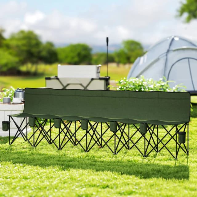 OUTSUNNY 6 Seater Folding Bench Camping Chair with Cup Holder, Green Green Unisex