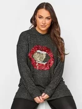 Yours Soft Touch Lips Sequin Top - Grey, Size 18, Women