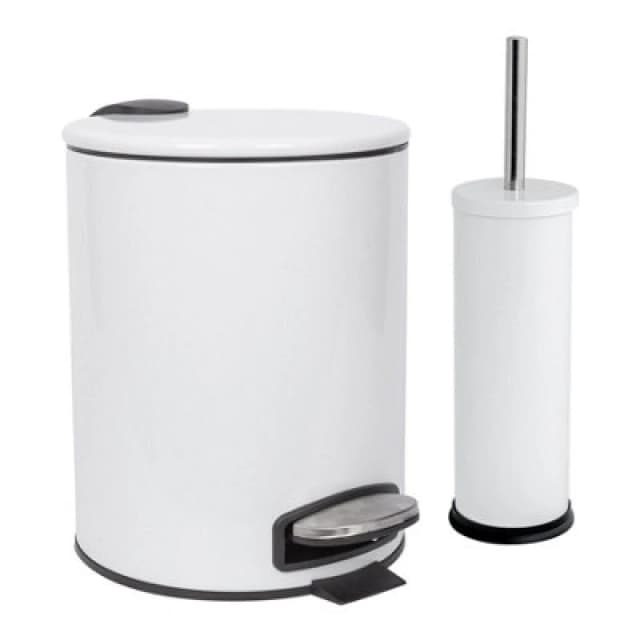 Harbour Housewares Bathroom Bin & Toilet Brush Set - 5L - White - Round Stainless Steel Slim Trashcan Rubbish Bin & Brush