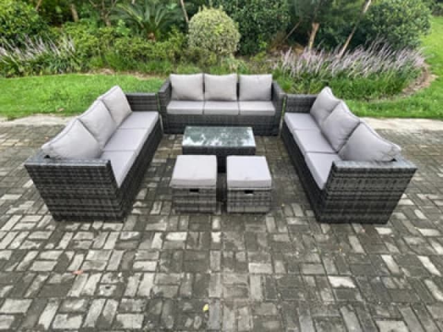 Fimous Outdoor Lounge Sofa Set Wicker PE Rattan Garden Furniture Set with Oblong Coffee Table 2 Small Footstools Dark Grey