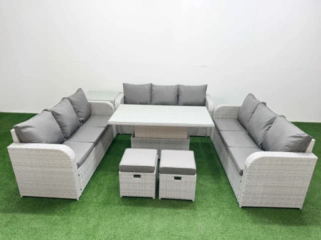 Fimous PE Rattan Lounge Sofa Set 11 Seater Outdoor Garden Furniture Set with Adjustable Lifting Dining or Coffee Table 3 Seater Sofa 2 Stools Side Tab