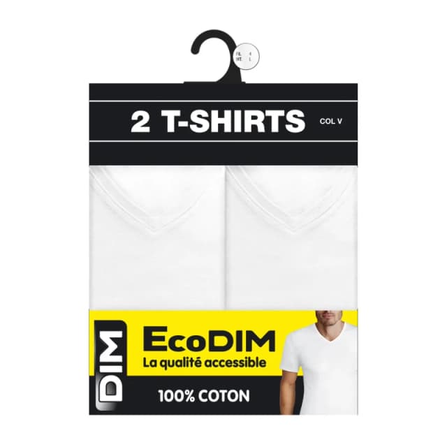Dim Pack of 2 Plain White Ecodim V-Neck T-Shirts White Men XXL