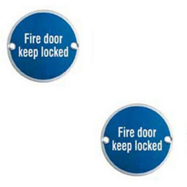 Loops 2x Fire Door Keep Locked Sign 64mm Fixing Centres 76mm Dia Satin Steel Metallics