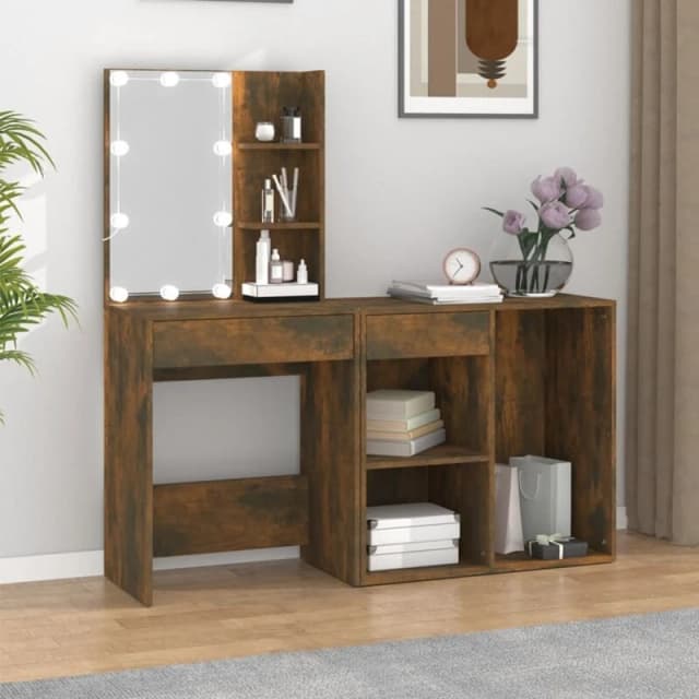 vidaXL LED Dressing Table with Cabinet Smoked Oak Engineered Wood, Brown 3120185