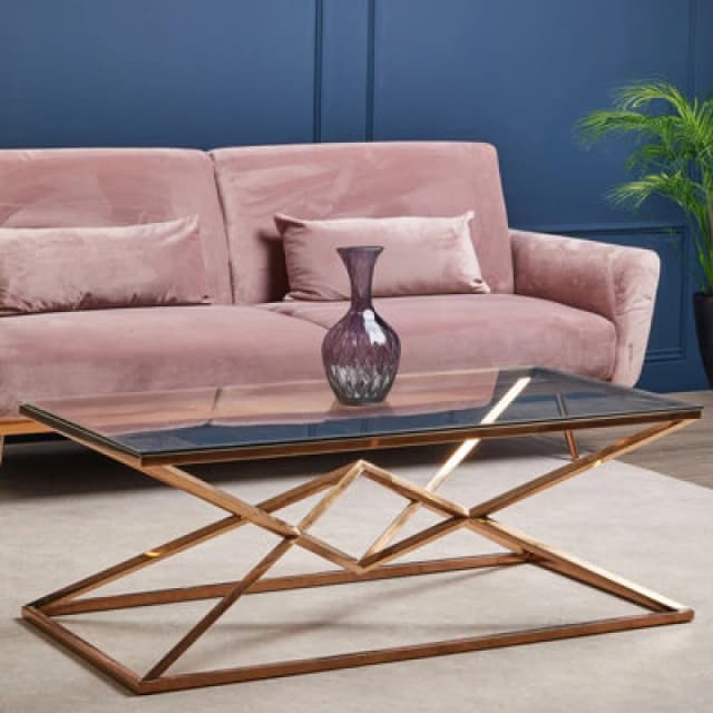 Orsina Stunning Corseted Rose Gold Coffee Table, Geometric Design Display Table, Easily Maintained Decorative Table