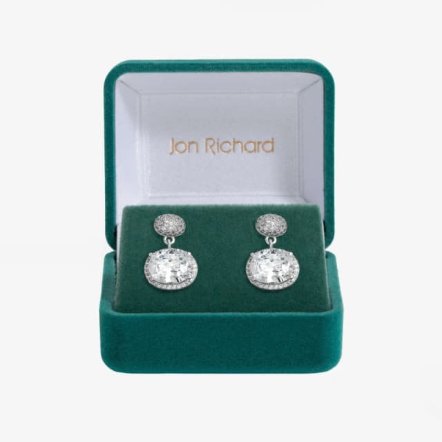 Jon Richard Rhodium Plated Cubic Zirconia Micro Pave Oval Drop Earrings - Gift Boxed Silver