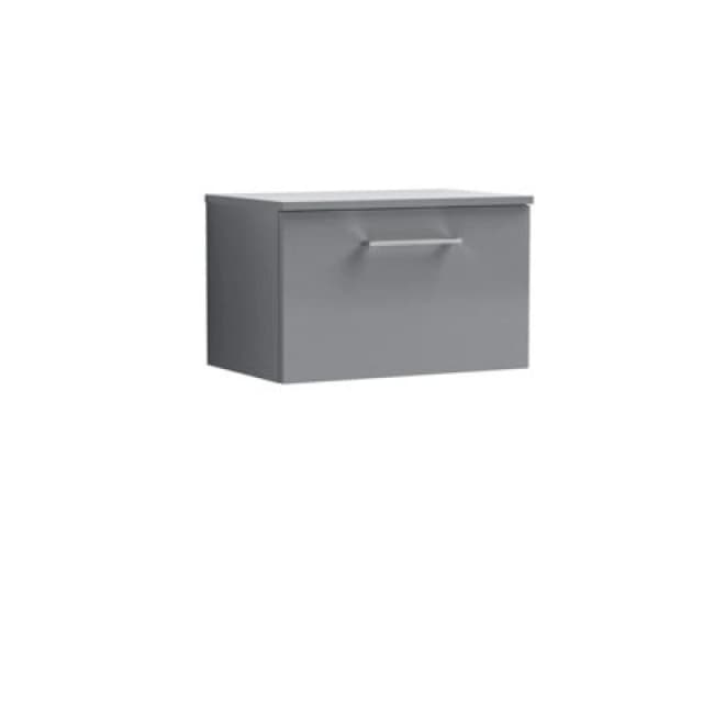 Nuie Arno Wall Hung 1-Drawer Modern Vanity Unit With Satin Grey Laminate Worktop, Stylish Counter Top Vanity Unit In Satin Grey