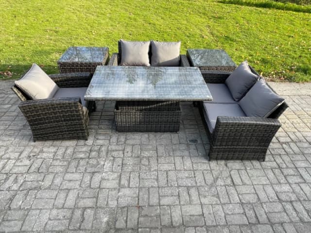 Fimous 6pcs Rattan Outdoor Garden Furniture Set Height Adjustable Rising Lifting Table Sofa Dining Set with 2 Side Tables Dark Grey Mixed Dark Grey Un