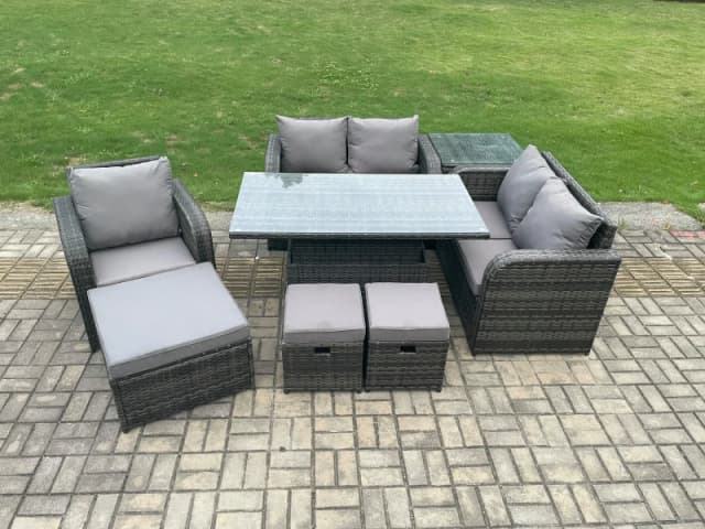Fimous 8 Seater Rattan Furniture Garden Dining Set Outdoor Height Adjustable Rising lifting Table Love Sofa Chair With Side Table Dark Grey unisex