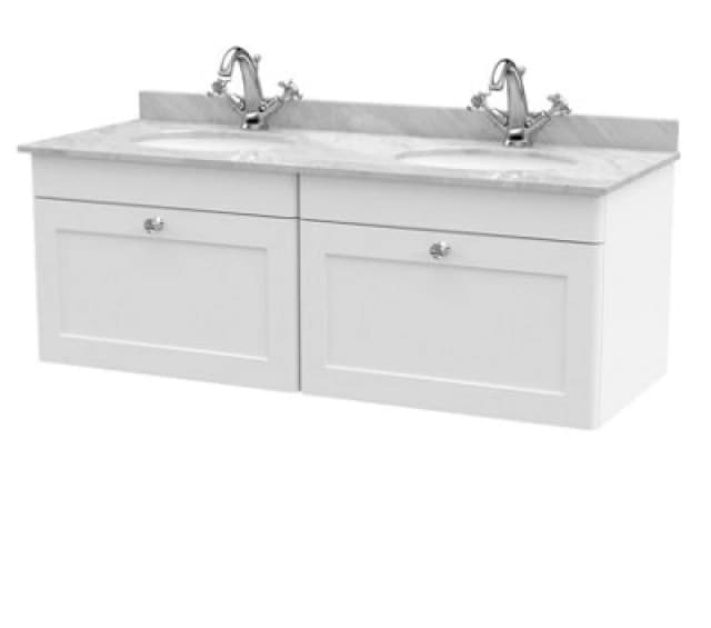 Nuie Classique Wall Hung 2 Drawer Unit & 1 Tap Hole Grey Marble Top With Oval Basin, Stylish Sink Vanity Unit In Satin White With