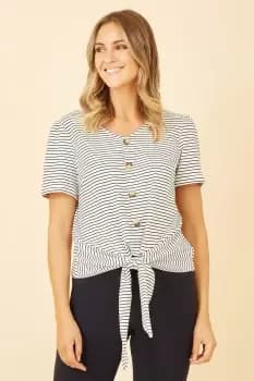 White Striped Jersey Button Detail Top