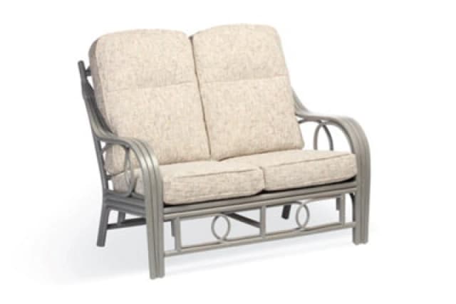 Desser Madrid Grey Natural Rattan 2 Seater Conservatory Sofa Real Cane Wicker Indoor Settee With UK Sewn Cushion In Farrow Fabric