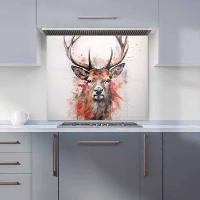 Warren Reed - Designer Watercolour Splashart Stag Face Kitchen Splashback in Brown Size: 600mm x 750mm Brown Unisex 600mm x 750mm