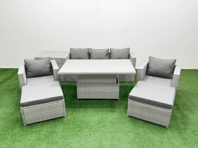 Fimous 7 PCs Rising Dining Table Set Rattan Furniture Set with Side Table in Light Grey Light Grey Unisex
