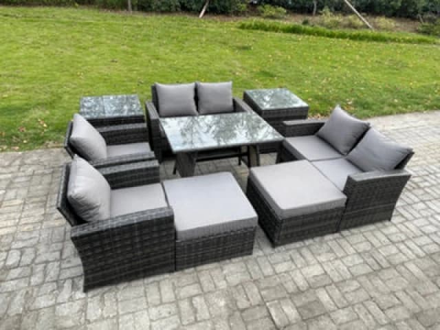 Fimous Garden Furniture Sets 9 Pieces Wicker Rattan Furniture Manual Wicker Patio Sofa Patio Conversation Set with 2 Big Footstool in Dark Grey Dark G