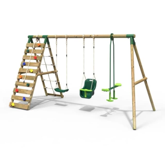 Rebo Wooden Swing Set with Baby Seat, Glider and Climbing Wall - Sienna Green Green