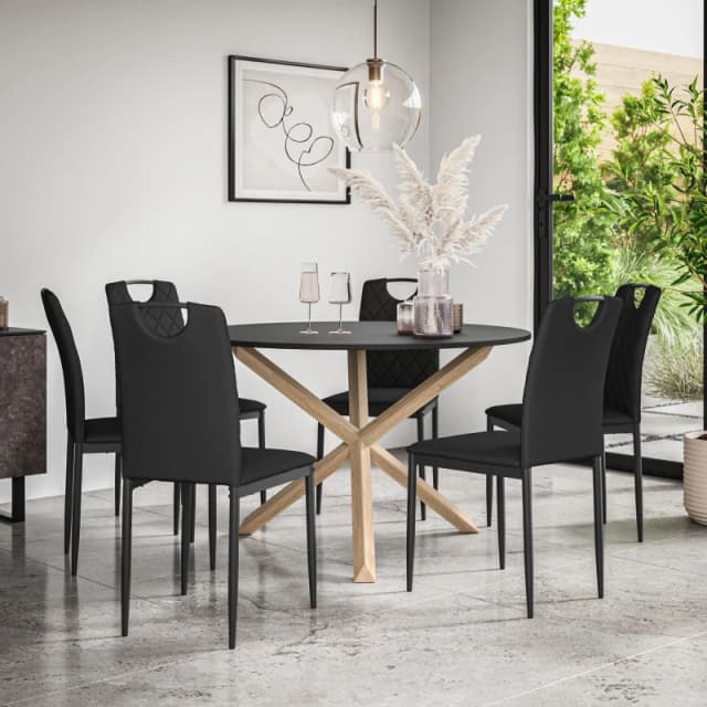 More4Homes Malvern Round Dining Table And Chairs - Black Table Top W Solid Oak Legs + Monza Faux Leather Dining Chair Set Of 6 (Black)