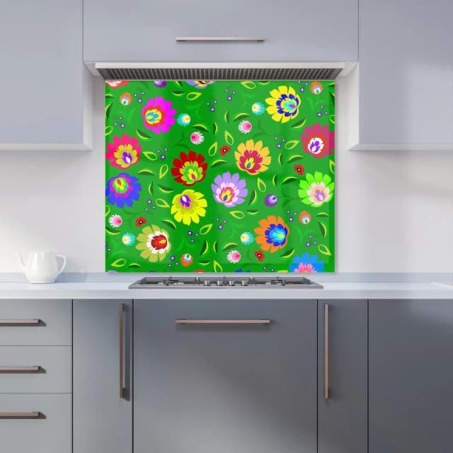 Warren Reed - Designer Polish Folk Floral Kitchen Splashback in Green Size: 600mm x 750mm Green Unisex 600mm x 750mm