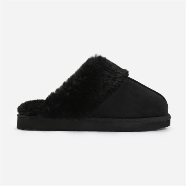 Wheres That From Lounge Black Suede Slippers With Fur Trim Black Suede female 4