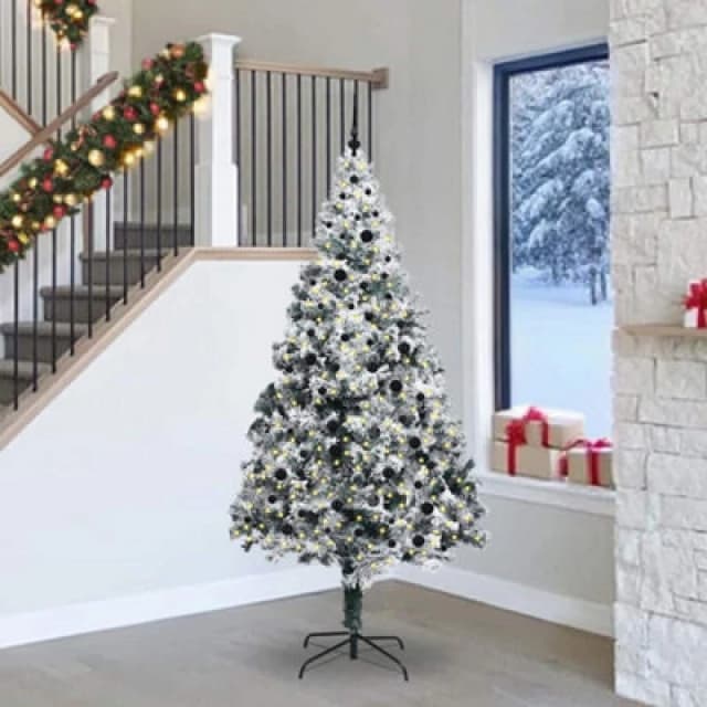 vidaXL Artificial Christmas Tree with 300 LEDs, Black Balls with Stand Snow Flocked Green 240 x 150 cm, Green 3396981