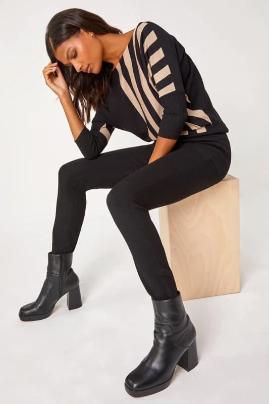Roman Contrast Stripe Print Knit Jumper Black