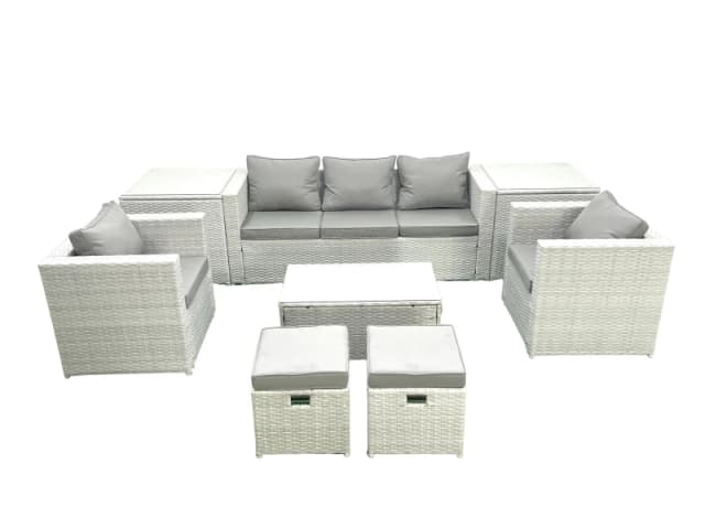 Fimous 7 Seater Rattan Garden Furniture Set with 3 Seater Sofa 2 Chair Rectangular Coffee Table 2 Small Footstools 2 Side Tables Light Grey Mixed Ligh